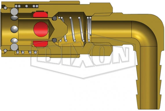 2CM9S2.5-B by Dixon Valve | Hydraulic Quick Disconnect Coupling | CM-Series | Hose Barb | 90° Elbow | 5/16" Hose ID x 1/4" Industrial Mold Interchange | Socket | Valved | Silicone Seal | Brass