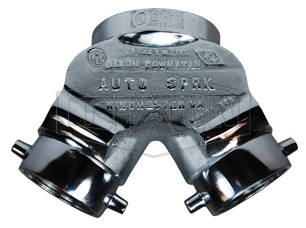 DCS4025F-C Dixon Auto-Spkr Polished Chrome Plated Cast Brass Straight Double Clapper Siamese Connection - Back Outlet - 4" Female NPT Outlet x Two 2-1/2" Female NST(NH) Female Inlets