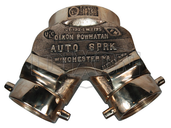 DCS4025F-P Dixon Auto-Spkr Polished Cast Brass Straight Double Clapper Siamese Connection - Back Outlet - 4" Female NPT Outlet x Two 2-1/2" Female NST(NH) Inlets