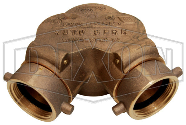 90DCS4025F Dixon Auto-Spkr Cast Brass Double Clapper Siamese Connection - Bottom Outlet - 4" Female NPT Outlet x Two 2-1/2" Female NST(NH) Inlets