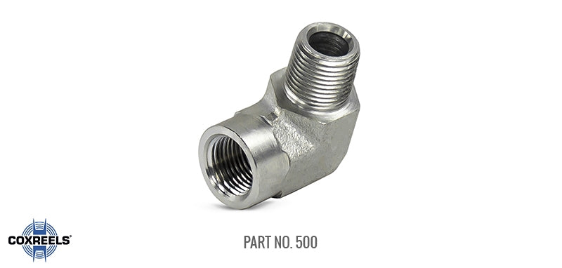 500 by Coxreels | 3,000 PSI 90° Inlet Elbow for Hose Reels | 3/8" MNPT x FNPT | Steel