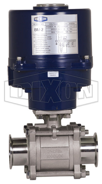 BV2CV-100CC-EA Dixon Valve 1" Electrically Actuated 3-Piece Sanitary Clamp End Ball Valve - 316 Stainless Steel - Lever Overide (110VAC) - Seat: Virgin PTFE