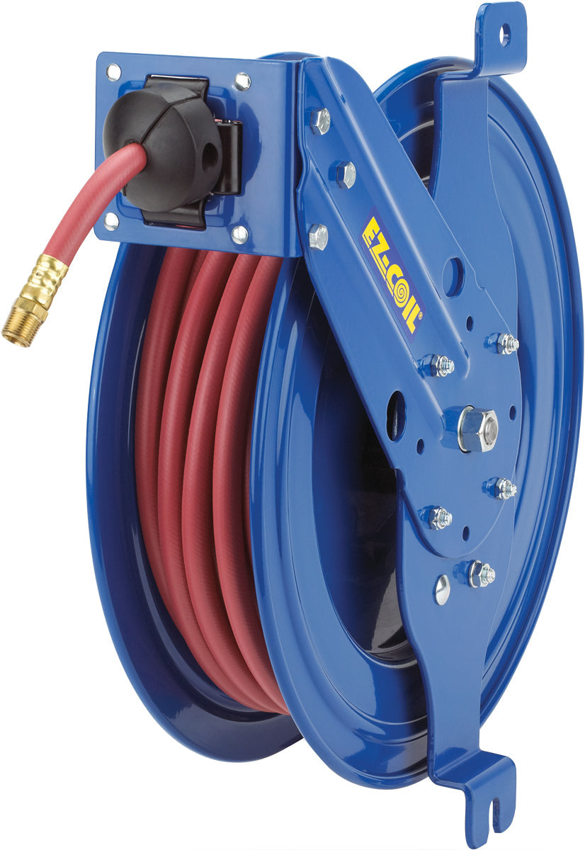 EZ-SG17-L350 by Coxreels | EZ-SG Series | 300 PSI Side Mount EZ-Coil Safety Spring Driven Hose Reel with Guide Arm for Air & Water | 3/8" Hose ID, 3/8" FNPT Inlet x 3/8" MNPT Hose End | Steel | 50ft PVC Hose Included