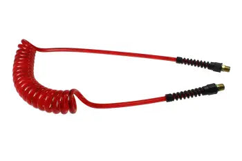 PUE38-204-TR by Coilhose | Flexeel® Reinforced Coiled Air Hose | 3/8" Hose ID x 9/16" Hose OD | 1/4" Male NPT Rigid Reusable Strain Relief Fittings | Transparent Red | Polyurethane | 20ft
