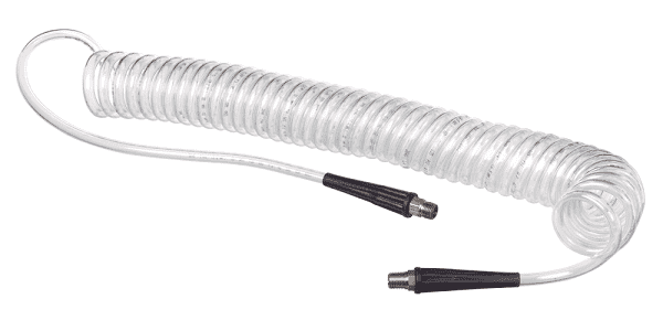 HSC2840-04X30 Kuri-Tec by Kuriyama | HSC2840 Series | Self-Store Coiled Tubing Assemblies for Air Tool Service | 1/4" ID | .375" OD | 1/4" x 1/4" Male NPT Fittings | Ether-Based Polyurethane | Blue Tint | 30ft Length