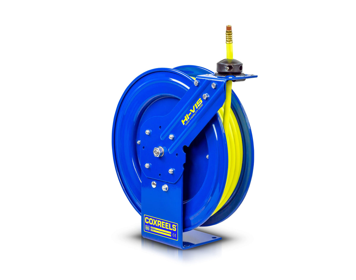 SH-N-375-HV by Coxreels | SH HI-VIS Series | 300 PSI Spring Driven Hose Reel | 3/8" Hose ID, 3/8" FNPT Inlet x 3/8" MNPT Hose End | Steel | 75ft PVC/Rubber Hybrid Hose Included