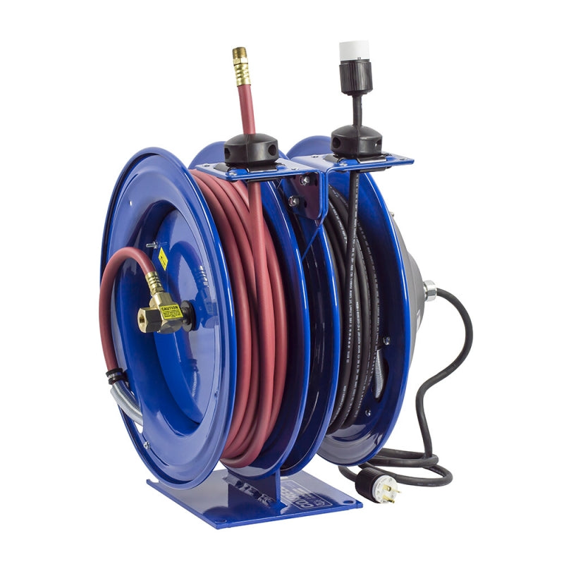 C-L350-5012-X by Coxreels | C Air-Electric Series | 300 PSI Spring Driven Air Hose & Power Cord Combination Reel | 3/8" Hose ID, 3/8" FNPT Inlet x 3/8" MNPT Hose End | 12/3 SJO Cord, 20A | Steel | 50ft PVC Hose & 50ft Cord Included