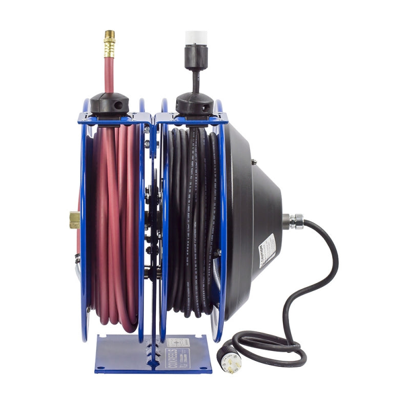 C-L350-5016-X by Coxreels | C Air-Electric Series | 300 PSI Spring Driven Air Hose & Power Cord Combination Reel | 3/8" Hose ID, 3/8" FNPT Inlet x 3/8" MNPT Hose End | 16/3 SJTO Cord, 13A | Steel | 50ft PVC Hose & 50ft Cord Included