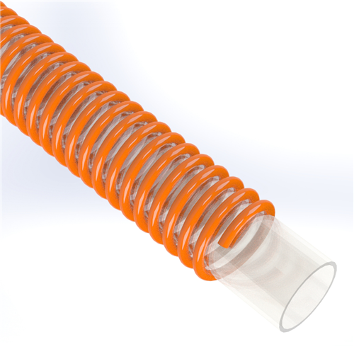 SPVC-PU-2.5-50 by Texcel | SIGMA-POLY-U™ Series | Lightweight Polyurethane Hose | 2-1/2" Hose ID | 9 PSI | 19 in/Hg Vacuum Rated | Clear w/ Orange Helix | 50ft Length