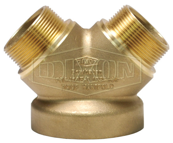 FRC4025F Dixon Cast Brass Straight Two Way Male Outlet - Roof Connection - Back Outlet - 4" Pipe Inlet x Two 2-1/2" Male NST(NH) Outlets