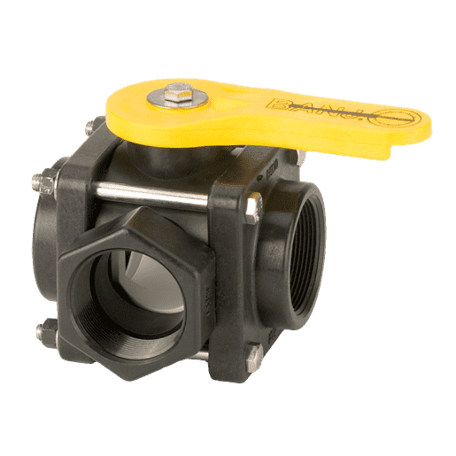V200SL by Banjo | 3-Way Ball Valve | Side Load | 2" Female NPT | Opening Thru Ball: 2" | 225 PSI | Straight Handle | Polypropylene