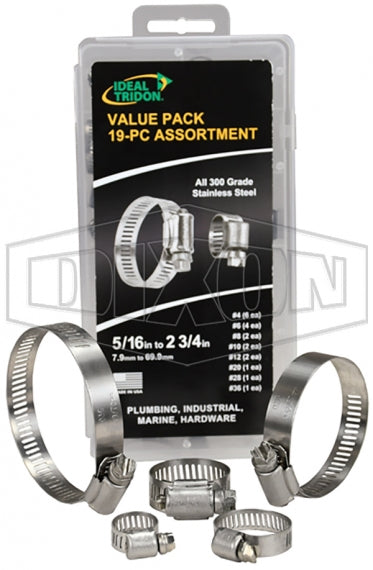 HCVP-19 by Dixon Valve | 19-Piece Worm Gear Clamp Assortment Pack | Includes (12) 5/16" Wide Bands & (7) 1/2" Wide Bands | 300 Stainless Steel