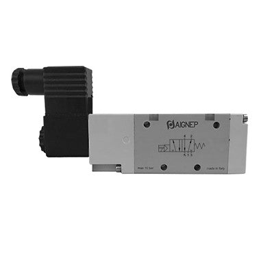01VA0500030401 by AIGNEP | 01V Control Valves Series | 5/2 Single Solenoid Ext Pilot Spring Return G-Thread 1/4" | 24V AC/5VA coil | Black Con