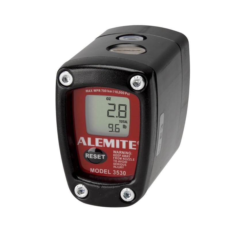 3530-C by Alemite | Electronic Grease Meter | Operating Pressure: 10000 PSI/700 bar | Flow rate: 0.4-11 lb/minute | Thread sizes: 1/4" Female NPTF in and out