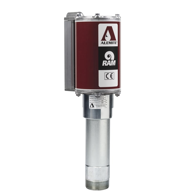 9960 by Alemite | Oil Pump | Pneumatic RAM - Stationary | Drum Size: 16 gallon | Material Inlet: 1-1/2" Female NPTF | Material Outlet: 1/2" Female NPTF