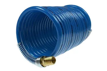 S38-254 by Coilhose | Stowaway™ Heavy Duty Coiled Air Hose | 3/8" Hose ID | 1/4" Male NPT Thread | 2 Rigid Fittings | Blue | Nylon | 25ft