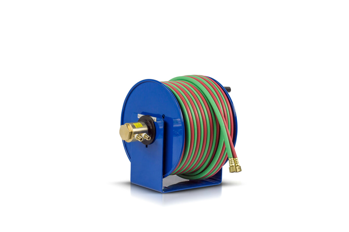 117W-1-200 by Coxreels | 100W Series | 200 PSI Hand Crank Hose Reel for Oxy-Acetylene Welding | 1/4" Hose ID, 1/4" FNPT Inlet x 1/4" MNPT Hose End | Steel | 200ft Twin EPDM Hose Included
