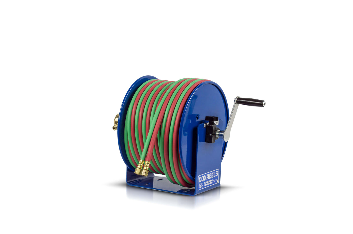 112WT-1-50 by Coxreels | 100W Series | 200 PSI Hand Crank Hose Reel for Oxy-Fuel Welding (T-Grade) | 1/4" Hose ID, 1/4" FNPT Inlet x 1/4" MNPT Hose End | Steel | 50ft Twin Neoprene Hose Included