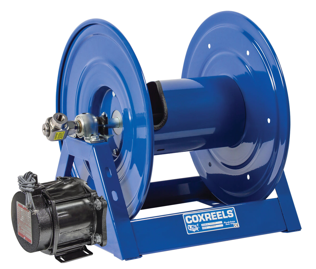 1125P-4-12-EA by Coxreels | 1125 Pure Flow Series | 6,000 PSI Motor Driven Hose Reel for Breathing Air & Clean Fluids | 115V AC 1/2 HP Explosion Proof Electric Motor | 1/2" Hose ID, 1/2" FNPT Inlet | Steel | 200ft Capacity, Hose Not Included