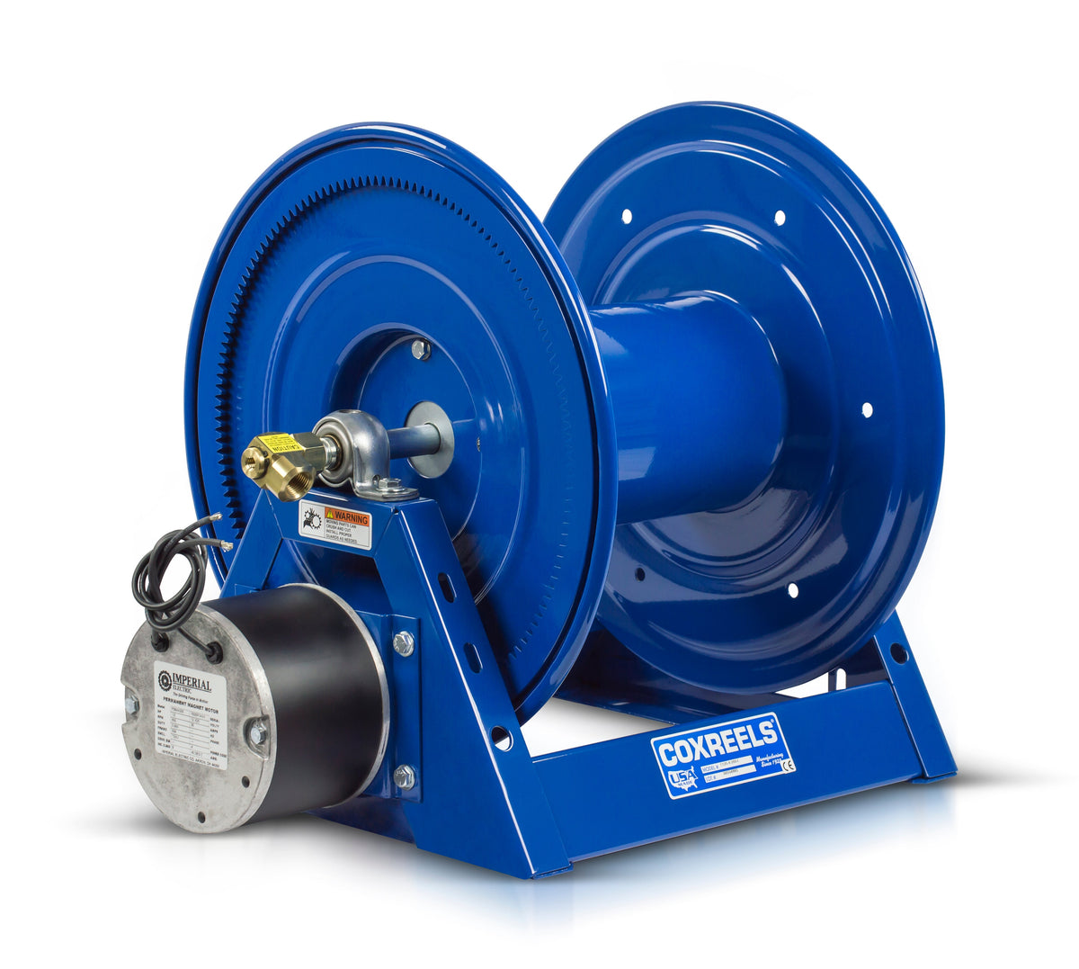 1125-4-200-E by Coxreels | 1125 Series | 3,000 PSI Motor Driven Hose Reel | 12V DC 1/3 HP Electric Motor | 1/2" Hose ID, 1/2" FNPT Inlet | Steel | 200ft Capacity, Hose Not Included
