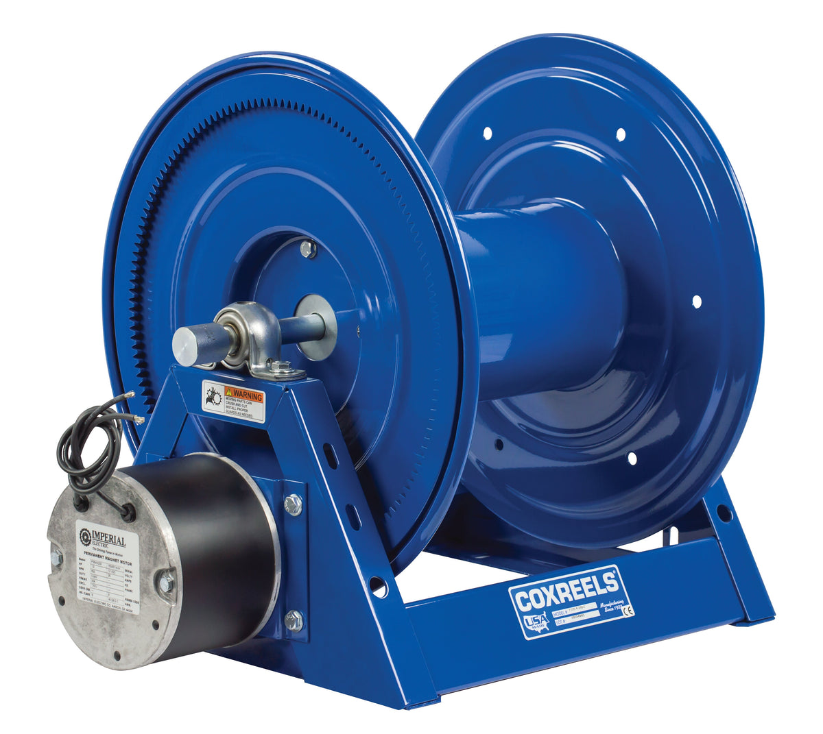 1125-5-250-E-BYXX by Coxreels | Storage Series | Motor Driven Hose Storage Reel | 12V DC 1/3 HP Electric Motor | 28" Drum Width | Steel | Hose Not Included