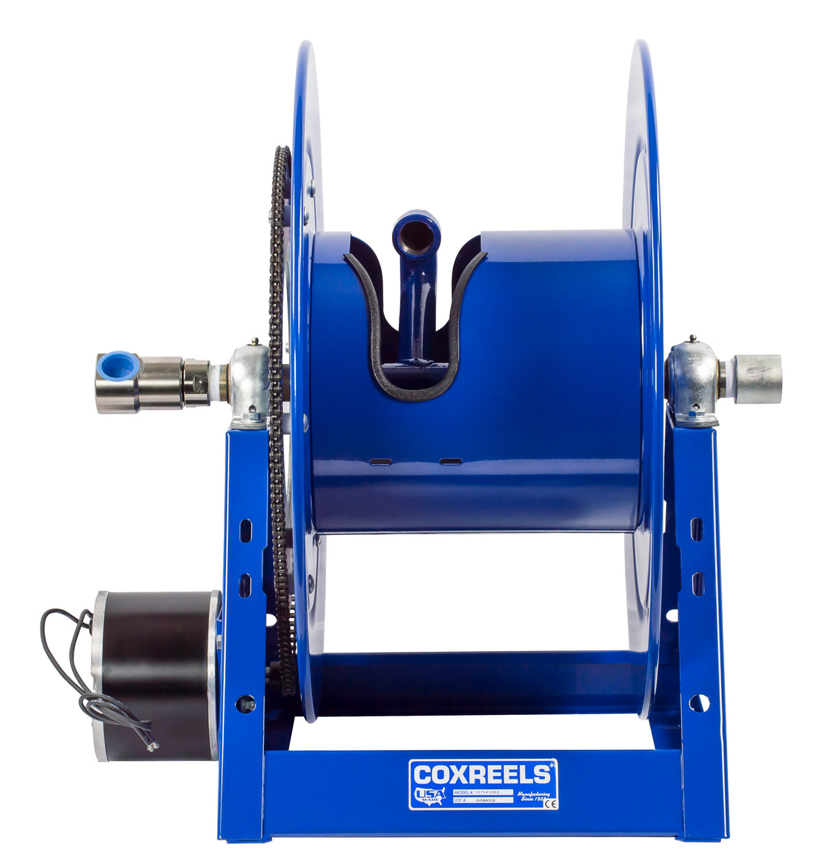 1175-6-150-E by Coxreels | 1175 Series | 3,000 PSI Motor Driven Hose Reel | 12V DC 1/3 HP Electric Motor | 1" Hose ID, 1" FNPT Inlet | Steel | 150ft Capacity, Hose Not Included