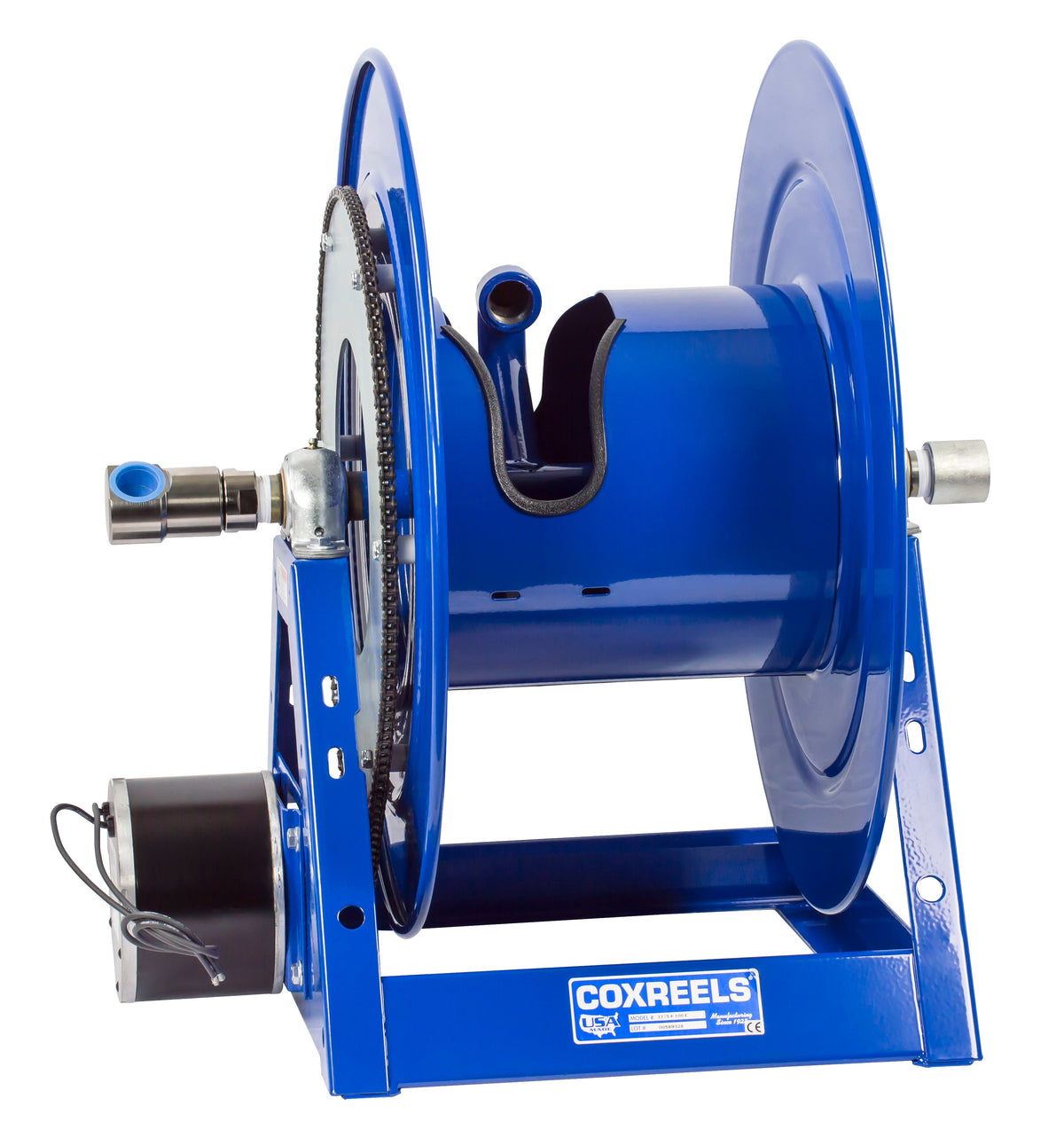 1175-6-125-E by Coxreels | 1175 Series | 3,000 PSI Motor Driven Hose Reel | 12V DC 1/3 HP Electric Motor | 1" Hose ID, 1" FNPT Inlet | Steel | 125ft Capacity, Hose Not Included