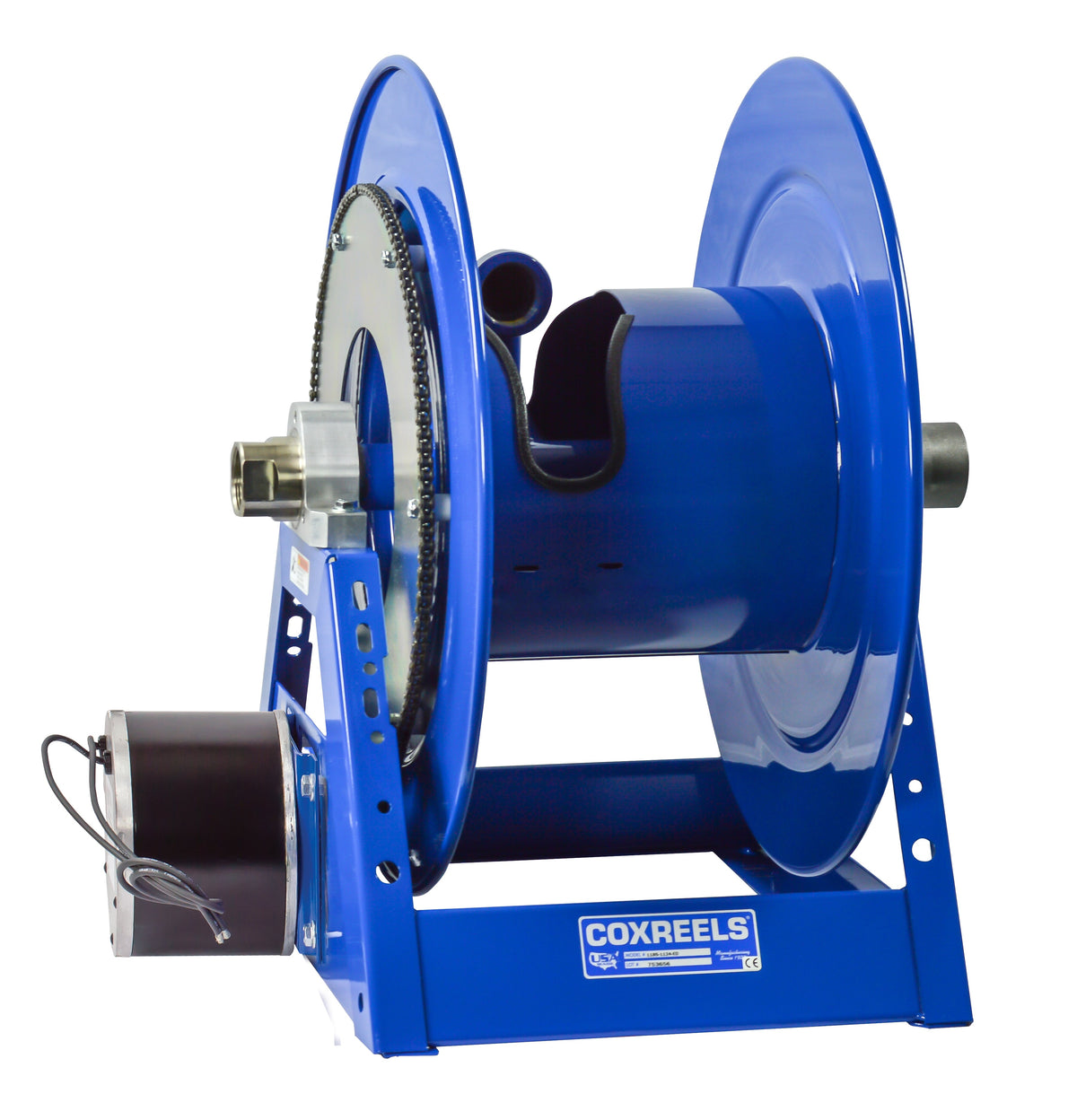 1185-2528-E by Coxreels | 1185 Series | 1,500 PSI Motor Driven Hose Reel | 12V DC 1/3 HP Electric Motor | 1-1/2" Hose ID, 1-1/2" FNPT Inlet | Steel | 150ft Capacity, Hose Not Included
