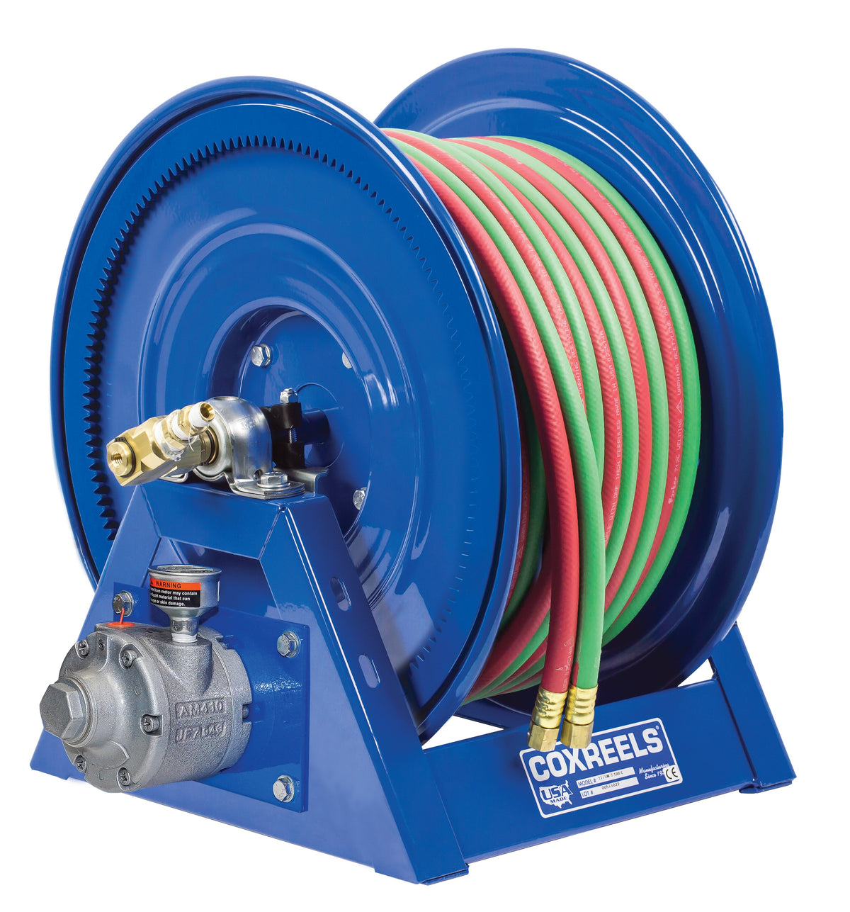 1275WT-3-250-A by Coxreels | 1275W Series | 200 PSI Motor Driven Hose Reel for Oxy-Fuel Welding (T-Grade) | #4 Gast Air Motor | 3/8" Hose ID, 3/8" FNPT Inlet x 3/8" MNPT Hose End | Steel | 250ft Neoprene Hose Included