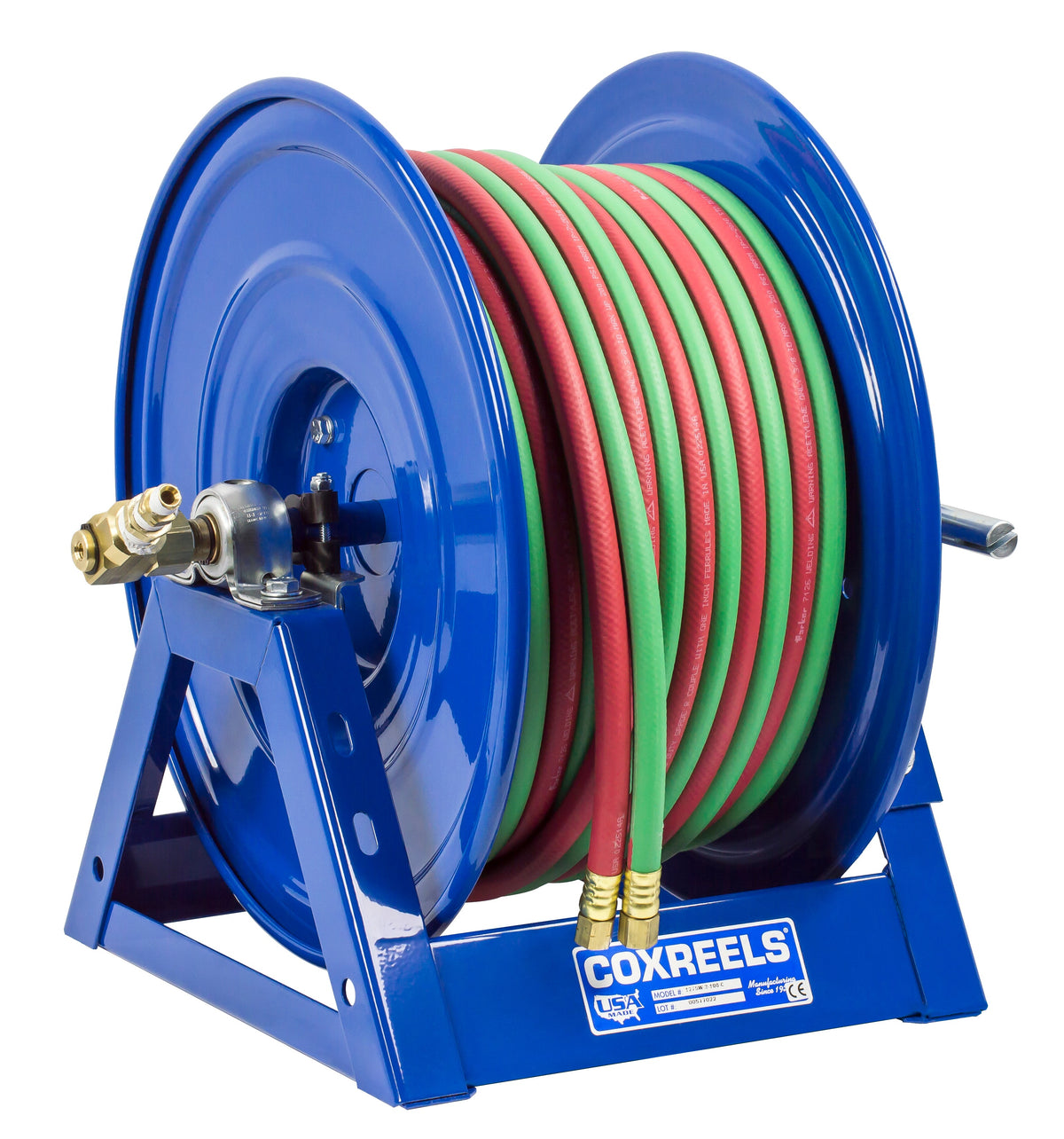 1275W-3-250-C by Coxreels | 1275W Series | 200 PSI Dual Hose Hand Crank Hose Reel for Oxy-Fuel Welding (T-Grade) | 3/8" Hose ID, 3/8" FNPT Inlet x 3/8" MNPT Hose End | Steel | 250ft EPDM Hose Included