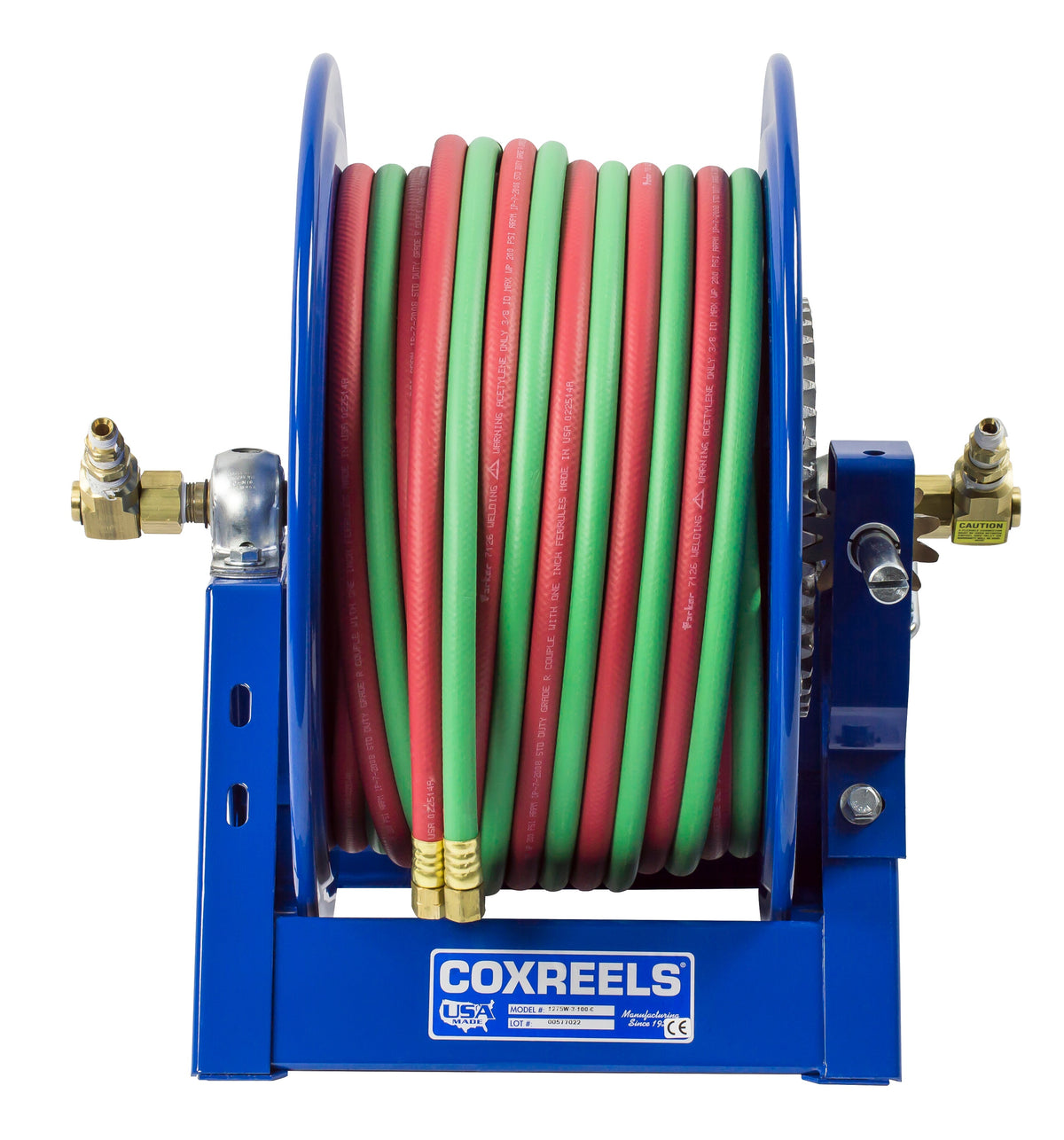 1275W-3-250-C by Coxreels | 1275W Series | 200 PSI Dual Hose Hand Crank Hose Reel for Oxy-Fuel Welding (T-Grade) | 3/8" Hose ID, 3/8" FNPT Inlet x 3/8" MNPT Hose End | Steel | 250ft EPDM Hose Included