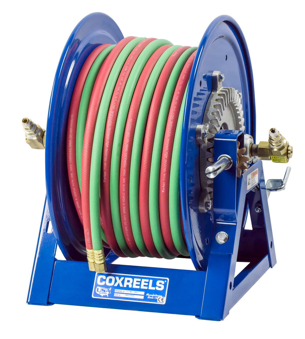 1275WT-3-250-C by Coxreels | 1275W Series | 200 PSI Dual Hose Hand Crank Hose Reel for Oxy-Fuel Welding (T-Grade) | 3/8" Hose ID, 3/8" FNPT Inlet x 3/8" MNPT Hose End | Steel | 250ft Neoprene Hose Included
