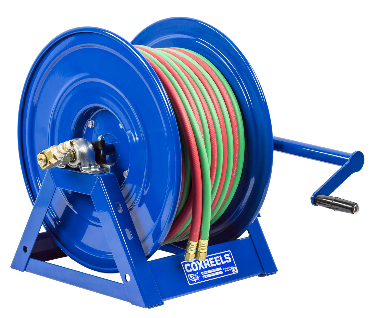 1275WT-3-250-C by Coxreels | 1275W Series | 200 PSI Dual Hose Hand Crank Hose Reel for Oxy-Fuel Welding (T-Grade) | 3/8" Hose ID, 3/8" FNPT Inlet x 3/8" MNPT Hose End | Steel | 250ft Neoprene Hose Included