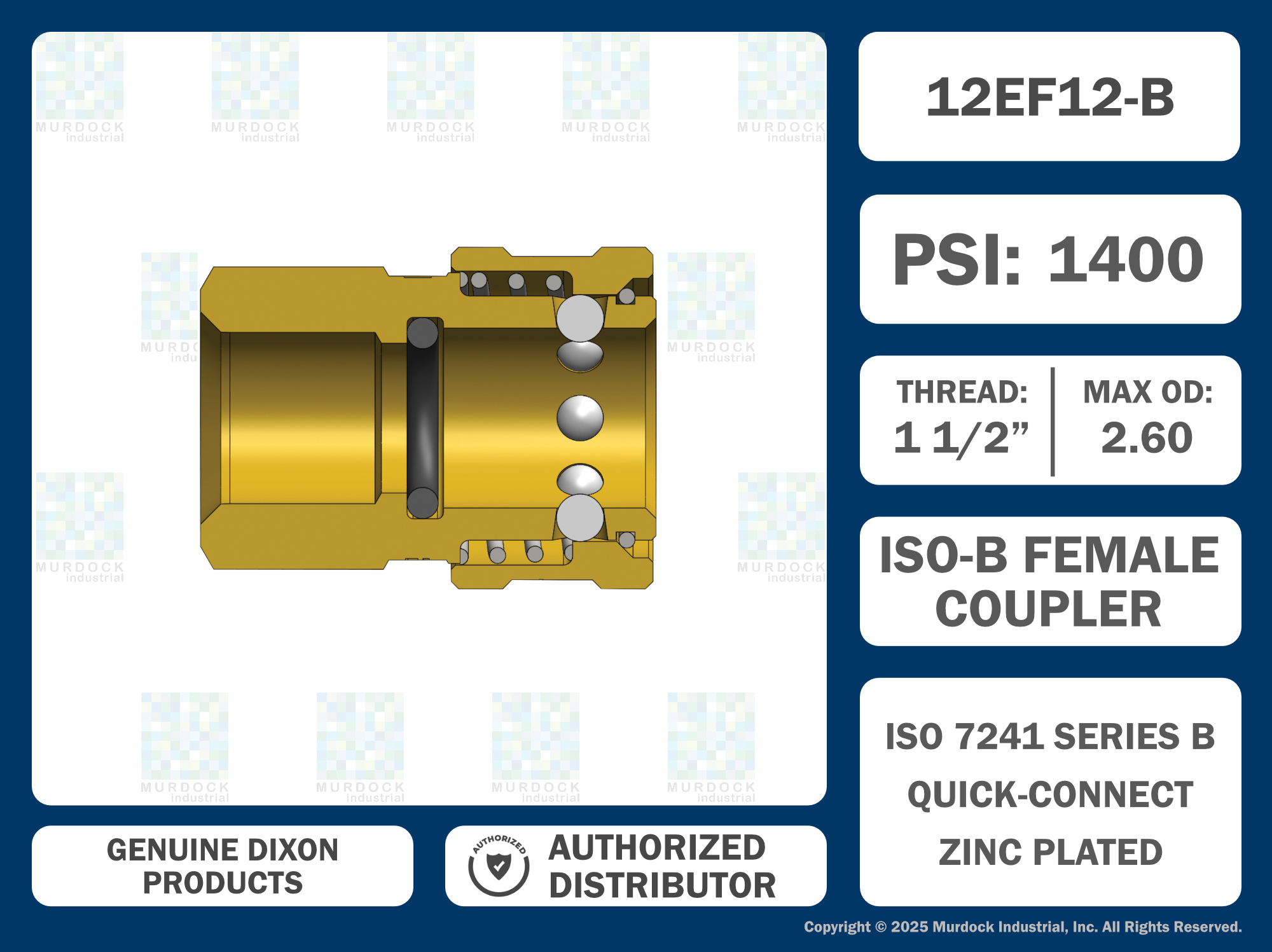 12EF12-B by Dixon Valve | Hydraulic Quick Disconnect Coupling | E-Series | 1-1/2" Female NPTF x 1-1/2" Straight-Through Interchange | Socket | Nitrile Seal | Brass