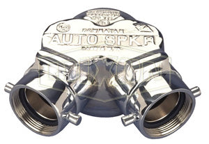 90DCS4025F-C Dixon Auto-Spkr Polished Chrome Plated Cast Brass Double Clapper Siamese Connection - Bottom Outlet - 4" Female NPT Outlet x Two 2-1/2" Female NST(NH) Inlets