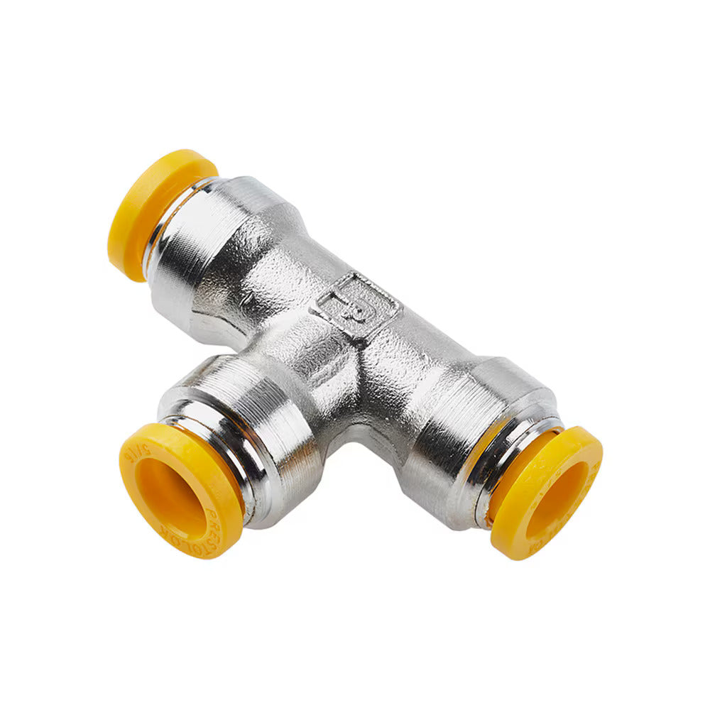 164PLP-12M by Parker | Prestolok PLP Push-to-Connect Fittings | Threaded Fitting | 12mm Union Tube Size x 12mm Union Tube Size x 12mm Union Tube Size | 28.77mm Length | 9.525mm Flow Dia. | Tee | Nickel-Plated Brass | Pack of 10