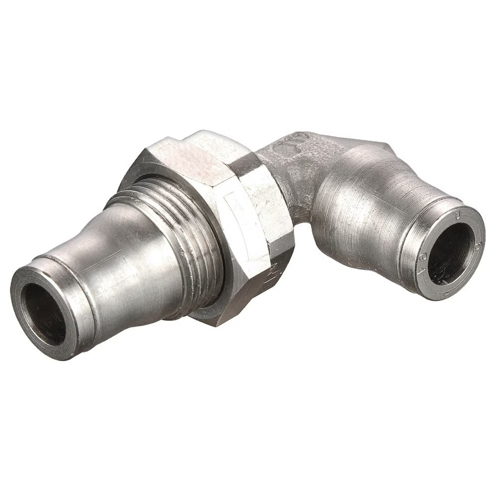 165PLMBH-4M by Parker | Prestolok PLM Metal Push-to-Connect Fittings | Bulkhead | 4 mm Tube Size | 35.00 mm Length | 14 mm Height | 90° Elbow | Electroless Nickel-Plated Brass | Pack of 10