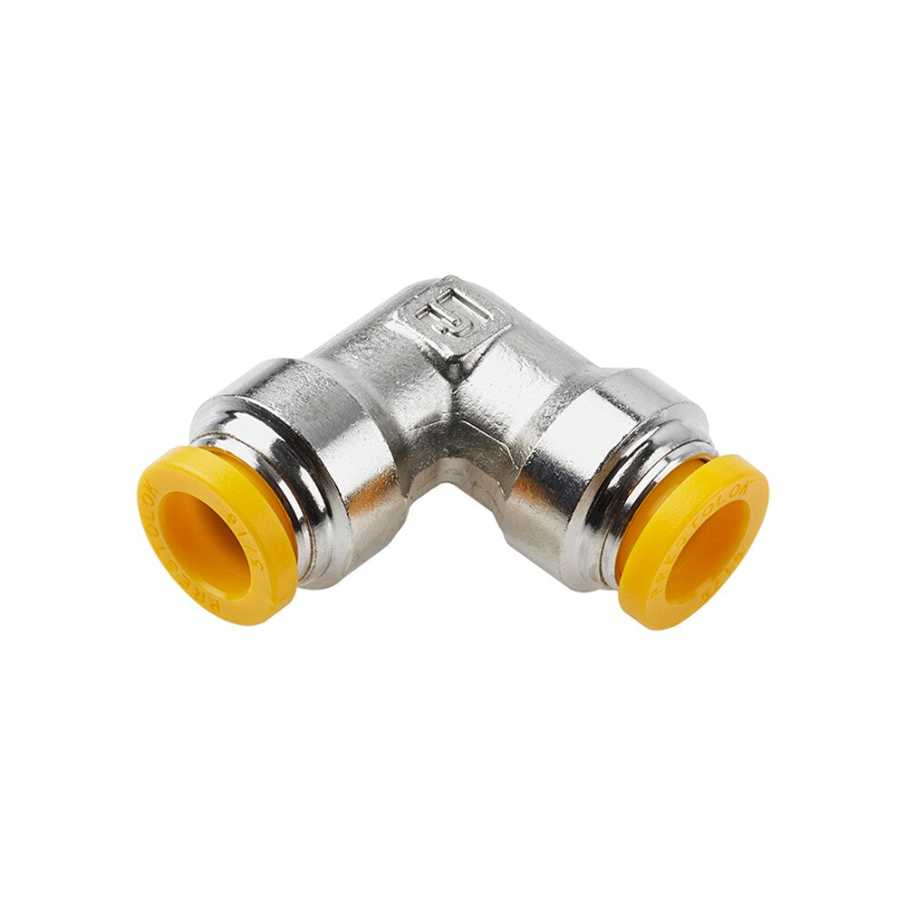 165PLP-10M by Parker | Prestolok PLP Push-to-Connect Fittings | Tube to Tube Fitting | 10mm Union Tube Size | 23.75mm Length | 7.925mm Flow Dia. | 90° Elbow | Nickel-Plated Brass | Pack of 10