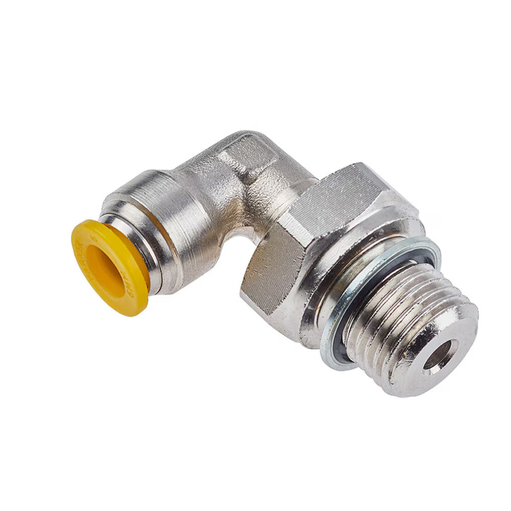 169PLP-6M-M5 by Parker | Prestolok PLP Push-to-Connect Fittings | Threaded Fittings | 6mm Swivel x M5X0.8 Male BSPP Thread | 3/8" Hex | 19.12mm Length (L) | 18.52mm (N) | 2.425mm Flow Dia. | 90° Elbow | Nickel-Plated Brass | Pack of 10