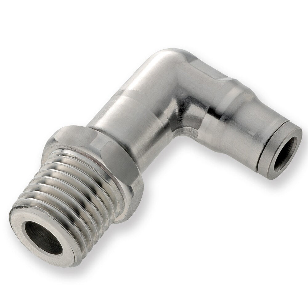 169PLSX-8M-2R by Parker | Prestolok PLS Push-to-Connect Fittings | Threaded Fitting | 8 mm Tube Size x 1/8" Male BSPT Threads | 14 mm Height | 90° Long Elbow | Stainless Steel | Pack of 5