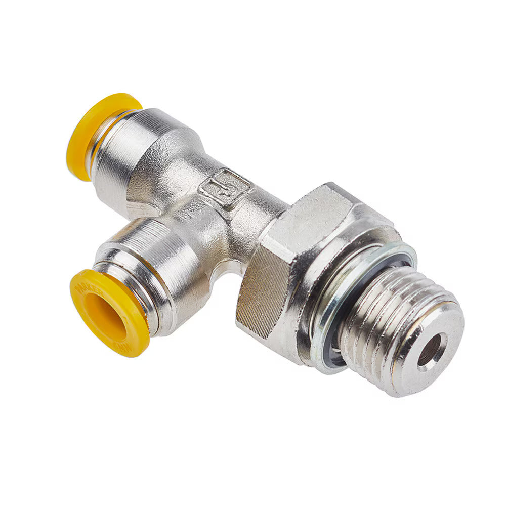171PLP-4M-2G by Parker | Prestolok PLP Push-to-Connect Fittings | Threaded Fitting | 4mm Swivel Push-to-Connect x 4mm Swivel Push-to-Connect x 1/8" Male BSPP Thread | 9/16" Hex | Tee | Nickel-Plated Brass | Pack of 10