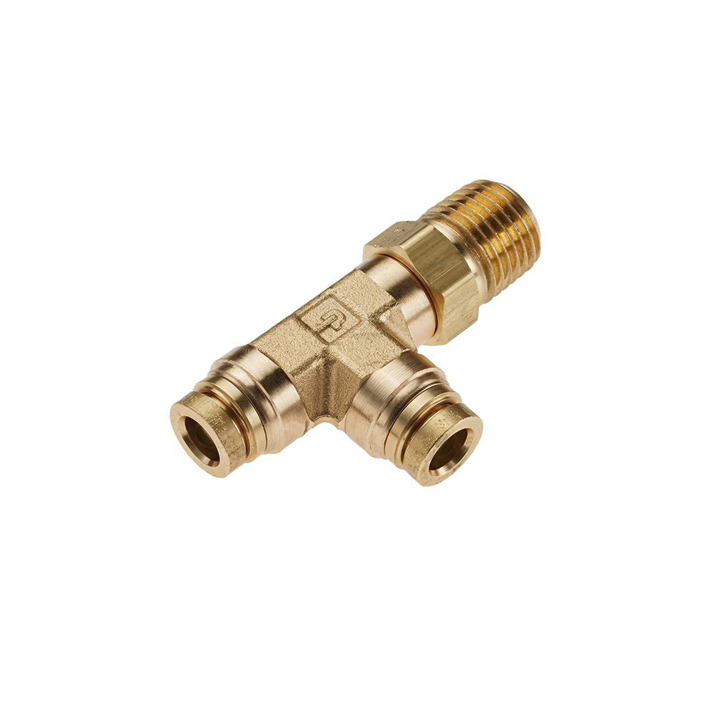 171PTC-8-4 by Parker | Threaded Fitting | 1/2" Swivel Push-to-Connect x 1/4" Male NPT Thread | 11/16" Hex | 2.76" Length | Tee | Brass | Pack of 5