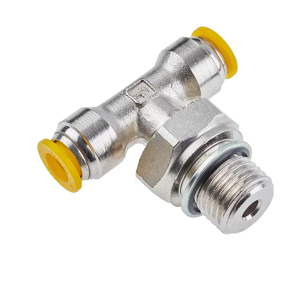 172PLP-4M-4G by Parker | Prestolok PLP Push-to-Connect Fittings | Threaded Fitting | 4mm Swivel Push-to-Connect x 4mm Swivel Push-to-Connect x 1/4" Male BSPP Thread | 3/4" Hex | Tee | Nickel-Plated Brass | Pack of 10