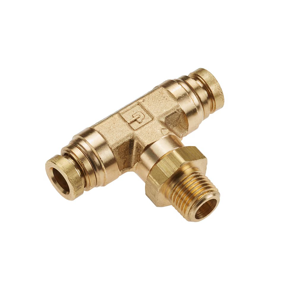 172PTC-4-2 by Parker | Threaded Fitting | 1/4" Swivel Push-to-Connect x 1/8" Male NPT Threads | 9/16" Hex | 1.64" Length | Tee | Brass | Pack of 5