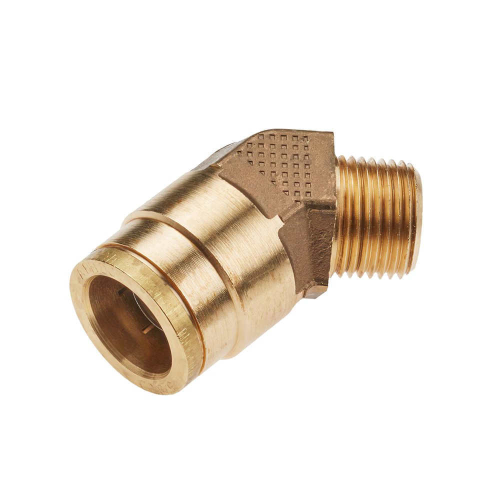 179PTCNS-10-8 by Parker | Threaded Fitting | 5/8" Rigid Push-to-Connect x 1/2" Male NPT Thread | 45° Elbow | Brass | Pack of 5