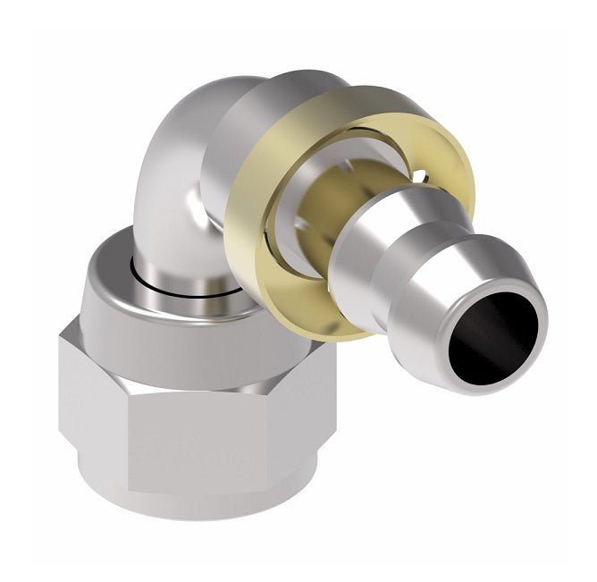 FC5852-0404S Aeroquip by Danfoss | Female Universal Swivel 90° Elbow Socketless Reusable Hose Fitting | -04 Female JIC Swivel (Also Couples w/ SAE 45° Flare) x -04 Push-On Hose Barb | Steel