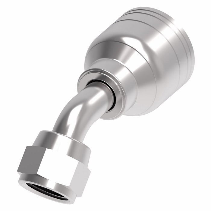 1AA6FJA6 Aeroquip by Danfoss | 1 & 2 Wire TTC Female JIC 37° Swivel 45° Elbow (FJA) Crimp Fitting | -06 Female JIC 37° Swivel x -06 Hose Barb | Steel