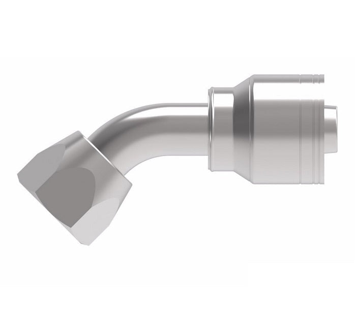 1AA6FJA6TZ Aeroquip by Danfoss | 1 & 2 Wire TTC Female JIC 37° Swivel 45° Elbow (FJA) Crimp Fitting | -06 Female JIC 37° Swivel x -06 Hose Barb | Zinc-Nickel Plated Steel