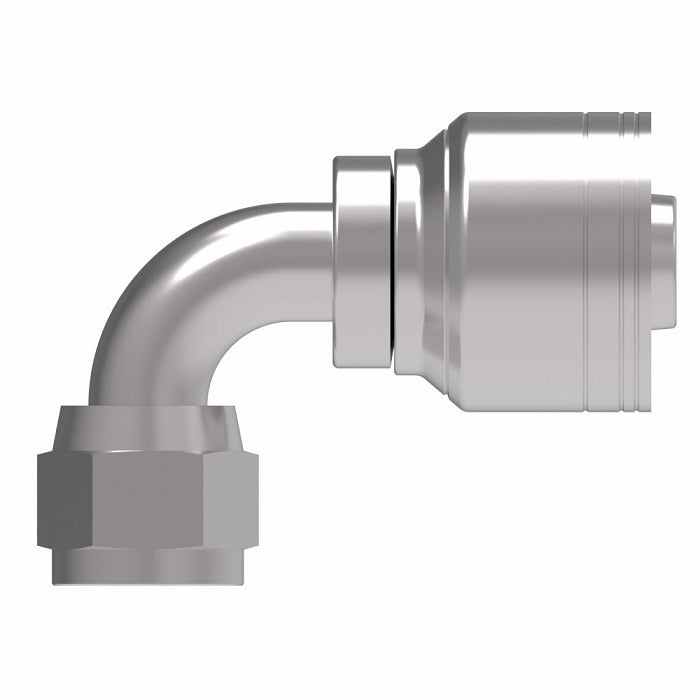 1AA10FJB12 Aeroquip by Danfoss | 1 & 2 Wire TTC Female JIC 37° Swivel 90° Elbow (FJB) Crimp Fitting | -10 Female JIC 37° Swivel x -12 Hose Barb | Steel