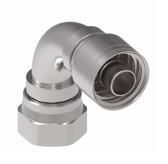 1AA20FJB16 Aeroquip by Danfoss | 1 & 2 Wire TTC Female JIC 37° Swivel 90° Elbow (FJB) Crimp Fitting | -20 Female JIC 37° Swivel x -16 Hose Barb | Steel